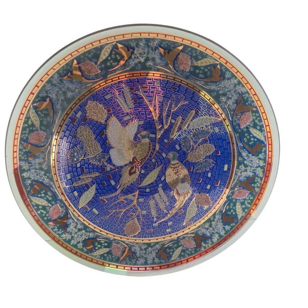 Vintage Houze Glass Pheasant Design Blue Gold Raised Pattern 11" Round MCM